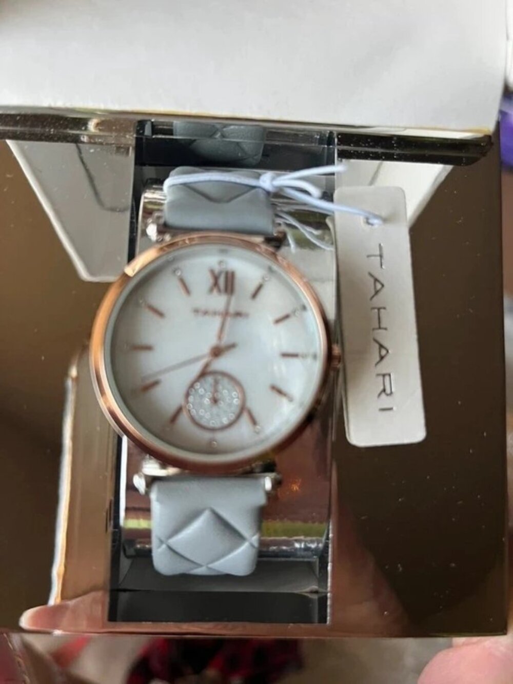 Tahari Rose Gold Case White Dial Light Gray Quilted Strap Watch